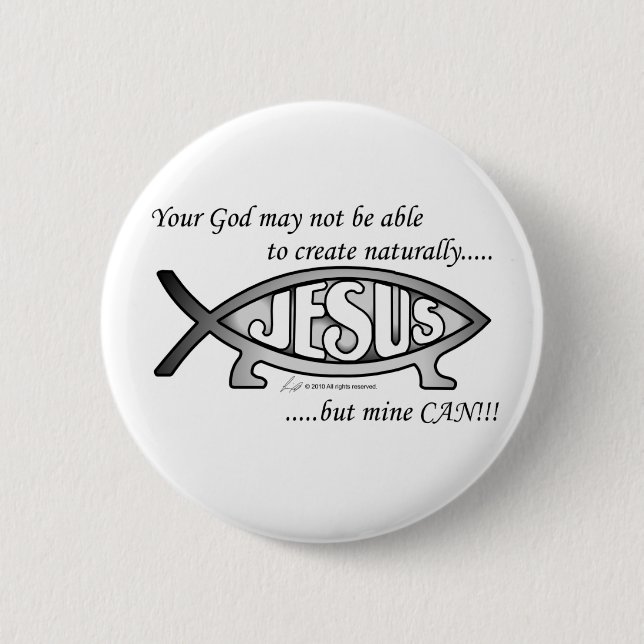 Jesus- u. Darwin-Fisch-Knopf/Button Button (Vorderseite)