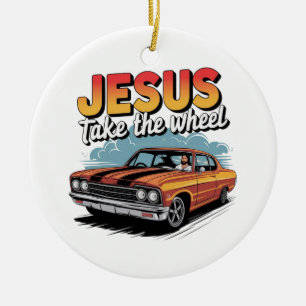 Jesus übernimmt das Steuer Vintage-Muscle-Car Keramik Ornament