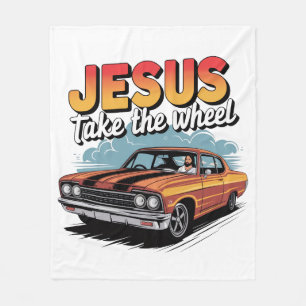 Jesus übernimmt das Steuer Vintage-Muskelauto Fleecedecke