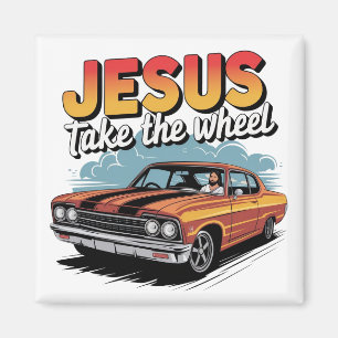 Jesus übernimmt das Steuer Vintage-Muskelauto Magnet