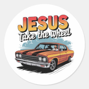 Jesus übernimmt das Steuer Vintage-Muskelauto Runder Aufkleber