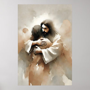 Jesus umarmt eine Frau Inspirierende Aquarellmaler Poster