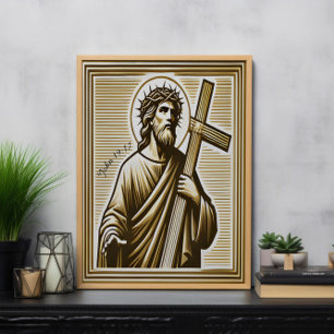Jesus umarmt goldenes Kreuz mit Mitgefühl Poster