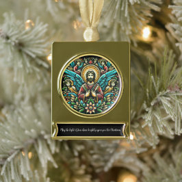 Jesus umgeben von acht Engeln und Blumenmotiv Banner-Ornament Gold