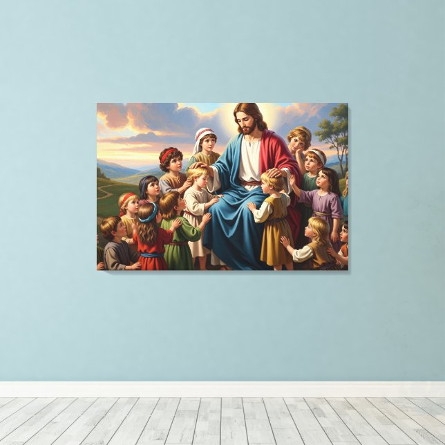 Jesus umgeben von Kindern Leinwanddruck (Insitu (Holzboden))