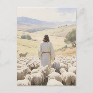 Jesus umgeben von Lämmern Illustration Postkarte