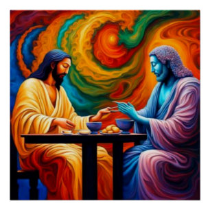Jesus und Buddha teilen sich die Mahlzeit Poster