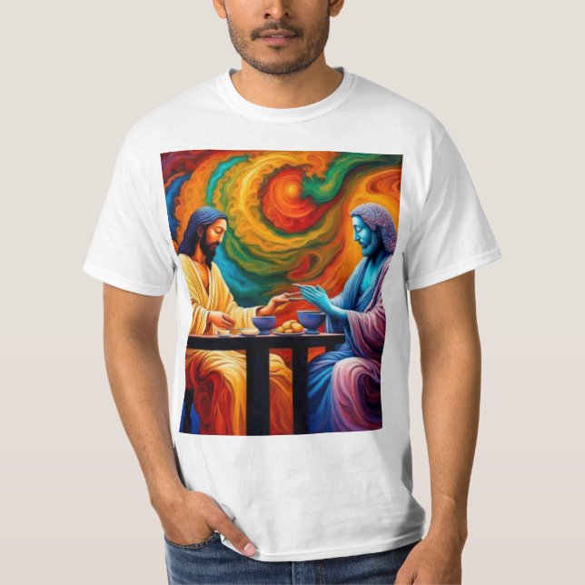 Jesus und Buddha teilen sich die Mahlzeit T-Shirt (Vorderseite)