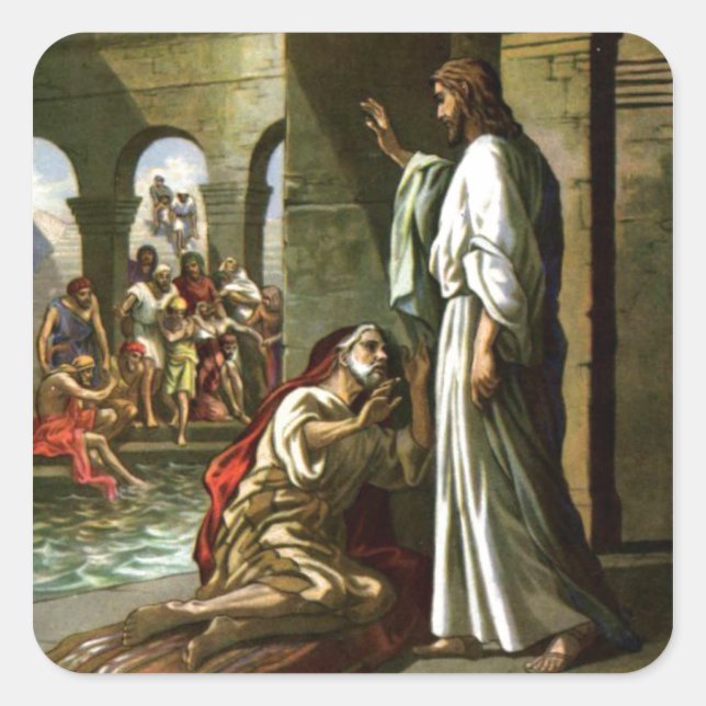 Jesus und der Mann am Pool Quadratischer Aufkleber (Vorderseite)