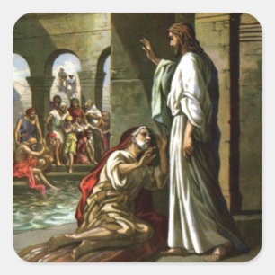 Jesus und der Mann am Pool Quadratischer Aufkleber