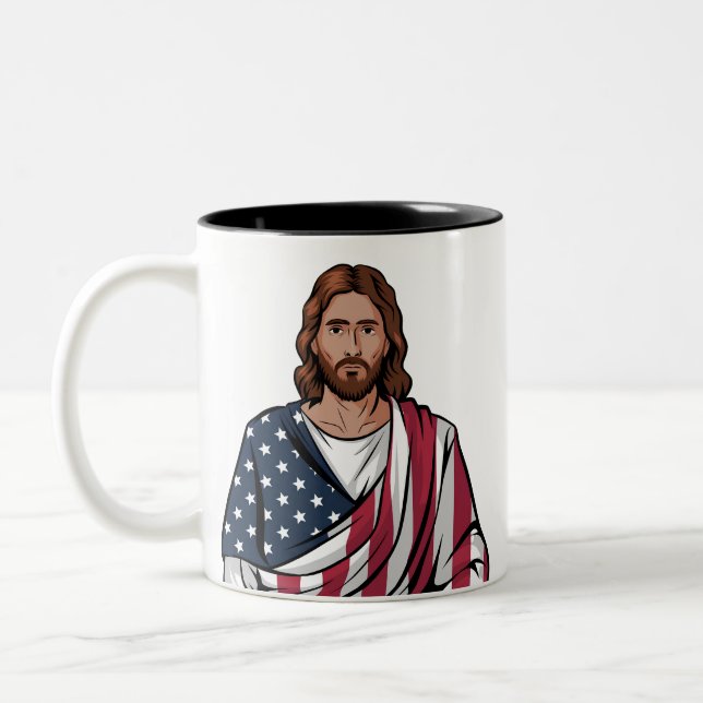 Jesus und die amerikanische Flagge Zweifarbige Tasse (Links)