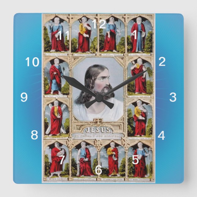 Jesus und die Aposteluhr Quadratische Wanduhr (Vorderseite)