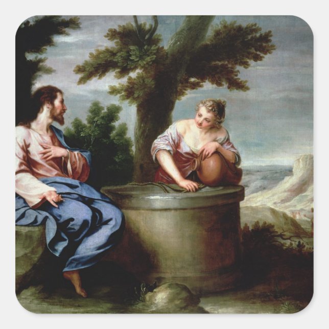 Jesus und die Samariter Frau Quadratischer Aufkleber (Vorderseite)
