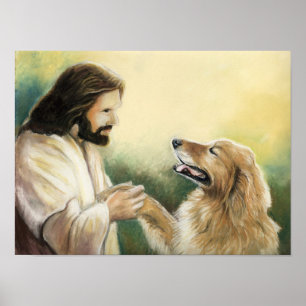 Jesus- und golden retriever-Hundekunst-Druck Poster