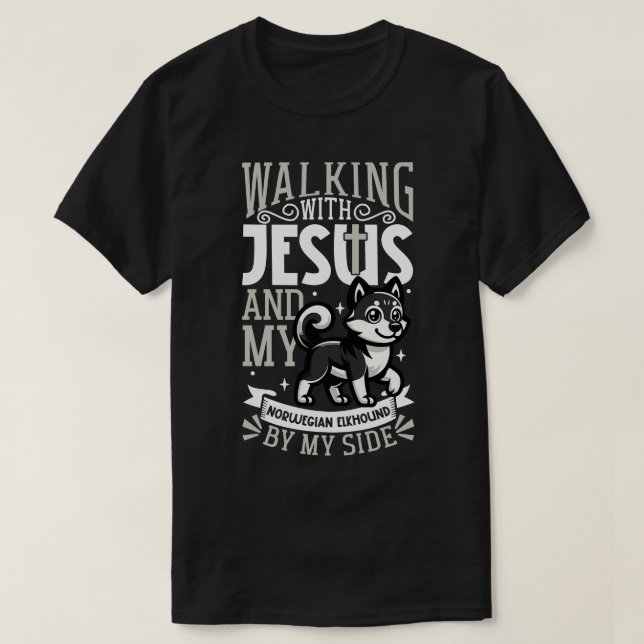 Jesus und Hund Norwegischer Elkhound T-Shirt (Design vorne)