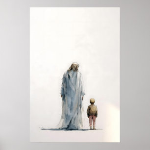 Jesus und kleiner Junge – Kontemplative Aquarellma Poster