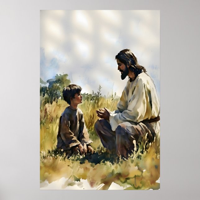 Jesus und kleiner Junge unterhalten sich im Feld D Poster (Vorne)