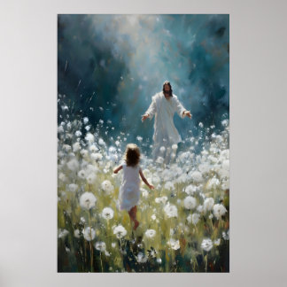 Jesus und kleines Mädchen auf einem Löwenzahnfeld Poster