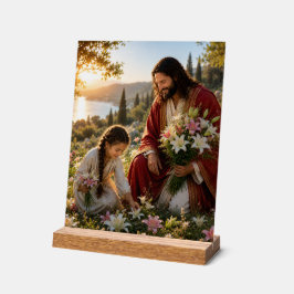 Jesus und kleines Mädchen pflücken Lilien  Acrylschild
