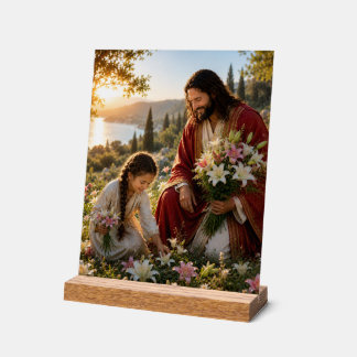Jesus und kleines Mädchen pflücken Lilien Acrylschild
