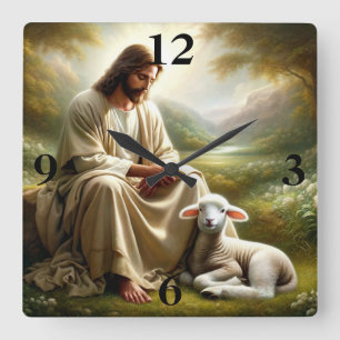 Jesus und Lamb Quadratische Wanduhr