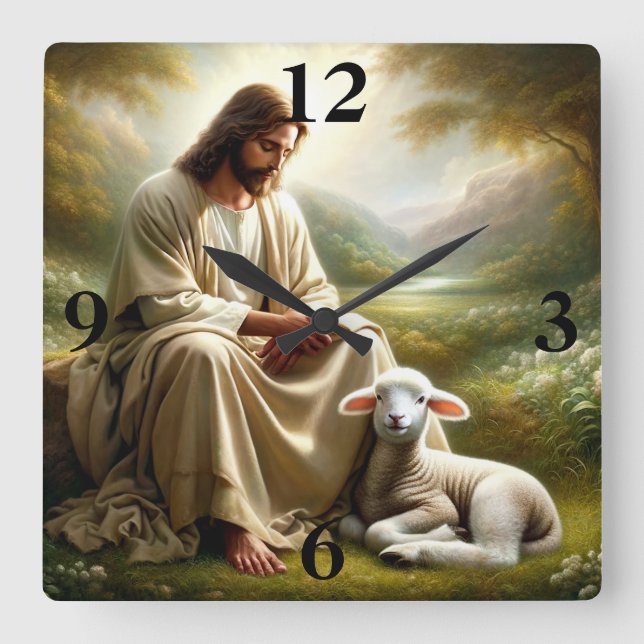Jesus und Lamb Quadratische Wanduhr (Vorderseite)