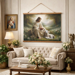 Jesus und Lamm Wandteppich Mit Holzrahmen