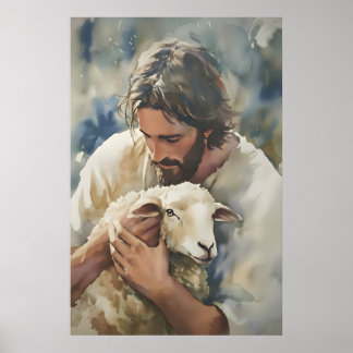 Jesus und Lamm Wasserfarben Kunst Druck Christlich Poster