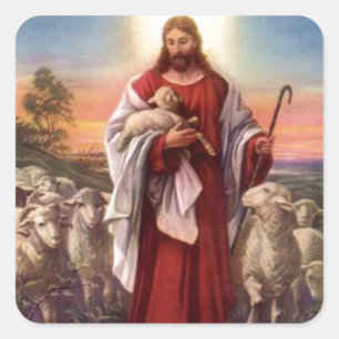 Jesus und Lämmer Quadratischer Aufkleber