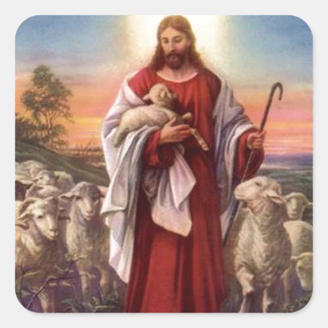 Jesus und Lämmer Quadratischer Aufkleber (Vorderseite)