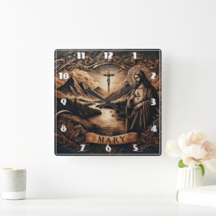 Jesus und Maria an einem Fluss mit Bergen bei Dämm Quadratische Wanduhr