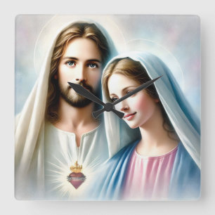 Jesus und Maria mit heiligen Herzen Quadratische Wanduhr
