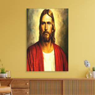 Jesus Vintage weißes und rotes Outfit mit schwarze Leinwanddruck
