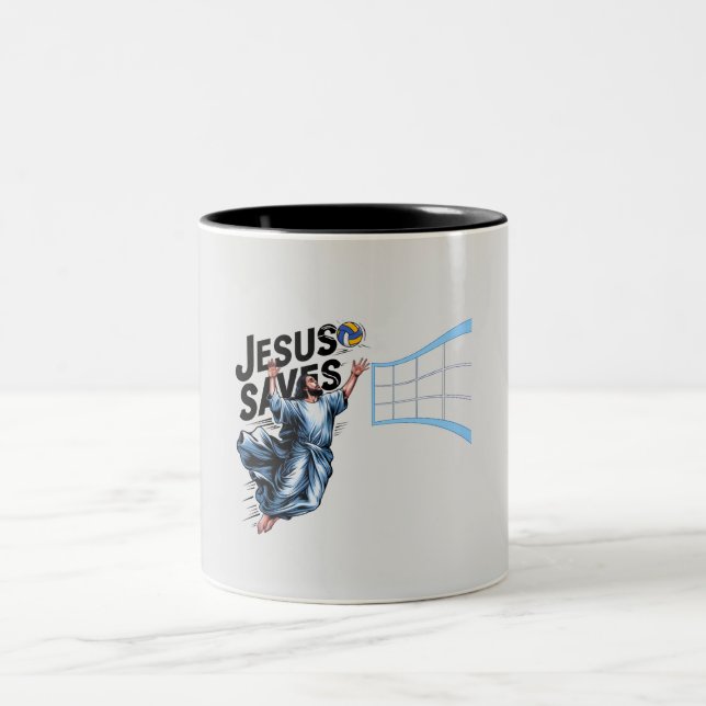 Jesus Volleyball Rette Funny Christlich Faith Zweifarbige Tasse (Mittel)