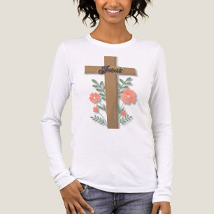 Jesus-Wortkunst Kreuz mit Korallenblumen Tri-Blend Shirt