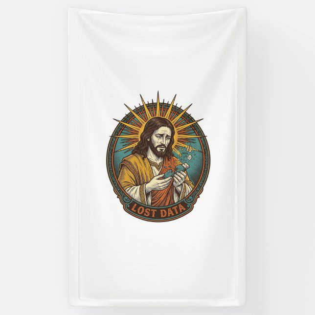 Jesus zerquetschte USB-Stick verlorene Daten Humor Banner (Vertikal)