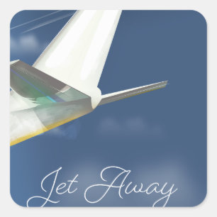 Jet Away Reiseposter. Quadratischer Aufkleber