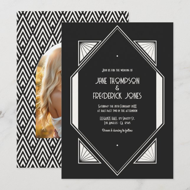 Jet Black & Ivory Linen Art Deco Wedding Photo Einladung (Vorne/Hinten)