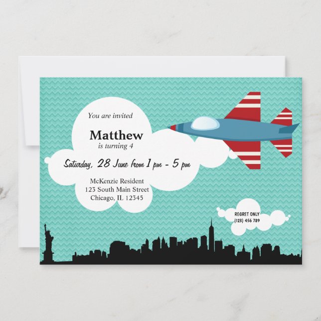 Jet Flugzeug Geburtstag Thema (Blau) Einladung (Vorderseite)