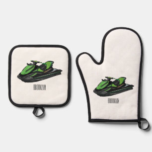 Jet ski Cartoon Illustration Ofenhandschuh & Topflappen-Set