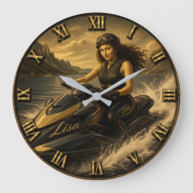 Jet Ski Rider Funny Mona Lisa Große Wanduhr (Vorderseite)