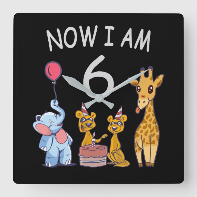 Jetzt bin ich 6 Jahre alt 6. Geburtstag im Zoo Quadratische Wanduhr (Vorderseite)