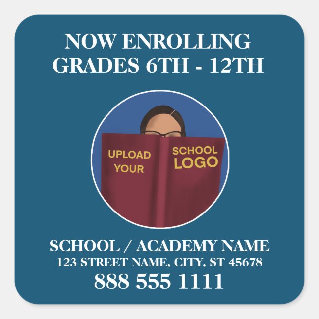 Jetzt die Werbung für das Logo der modernen Blauen Quadratischer Aufkleber (Vorderseite)