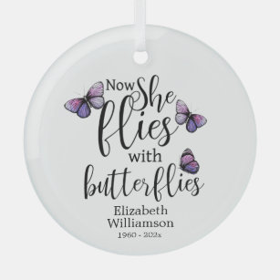 Jetzt fliegt sie mit Schmetterlingen-Gedenkstätten Ornament Aus Glas