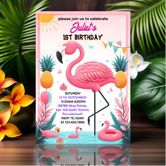 Jetzt Luau Fly Pink Flamingo Pool Party 1. Geburts Einladung