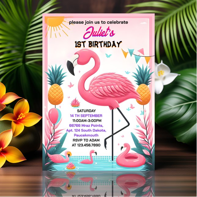 Jetzt Luau Fly Pink Flamingo Pool Party 1. Geburts Einladung (Von Creator hochgeladen)