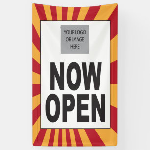 Jetzt Open Sign mit Logo und Sternexplosion Banner