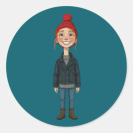Jeune Fille Rousse Souriante avec Bonnet Rouge et  Runder Aufkleber