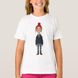 Jeune Fille Rousse Souriante avec Bonnet Rouge et  T-Shirt