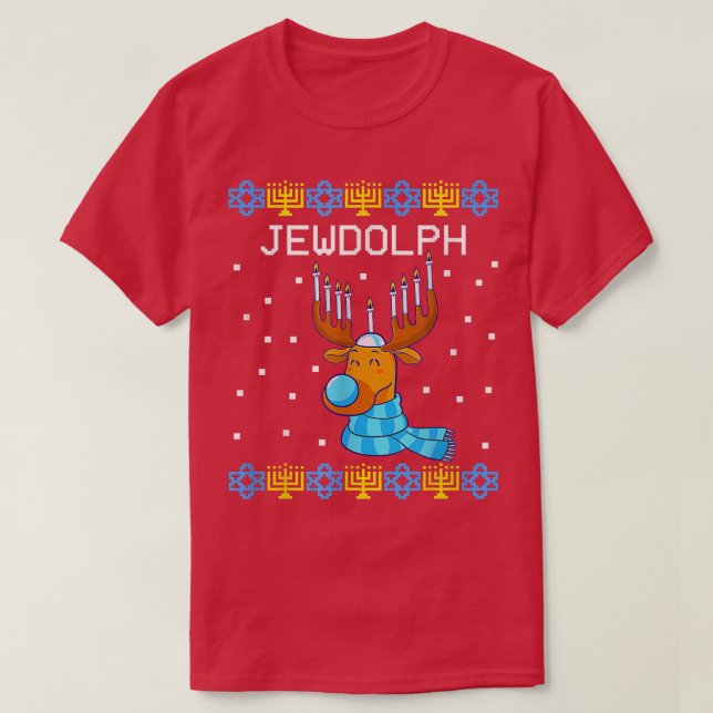 Jewdolph Ugly Hanukkah Sweater Reindeer Menorah Ch T-Shirt (Design vorne)